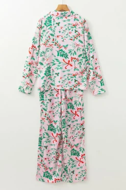 Hot Dear-Lover Christmas Berries Plant Print Satin Long Sleeve Pajama Set Pink