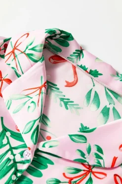 Hot Dear-Lover Christmas Berries Plant Print Satin Long Sleeve Pajama Set Pink