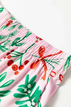 Hot Dear-Lover Christmas Berries Plant Print Satin Long Sleeve Pajama Set Pink