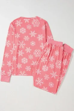 Best Dear-Lover Christmas Snowflake Print Two Piece Loungewear Pink