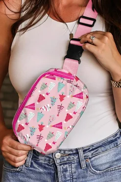 Clearance Dear-Lover Christmas Tree Print Buckle Wide Strap Sling Bag Pink