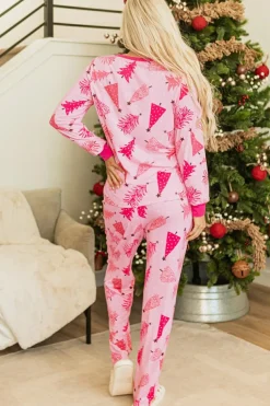 Hot Dear-Lover Christmas Tree Print V Neck Buttoned Pullover and Drawstring Pants Lounge Set Pink