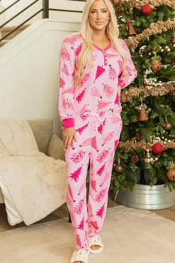 Hot Dear-Lover Christmas Tree Print V Neck Buttoned Pullover and Drawstring Pants Lounge Set Pink