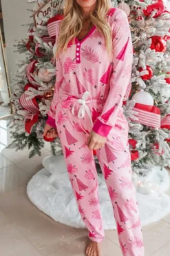 Hot Dear-Lover Christmas Tree Print V Neck Buttoned Pullover and Drawstring Pants Lounge Set Pink
