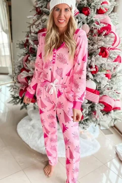 Hot Dear-Lover Christmas Tree Print V Neck Buttoned Pullover and Drawstring Pants Lounge Set Pink