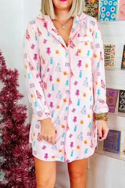 Hot Dear-Lover Christmas Twinkle Tree Print Shirt Sleep Dress Pink