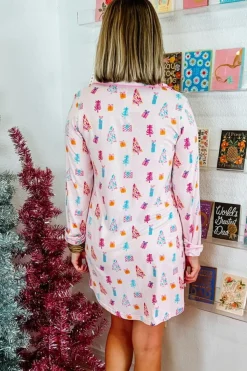 Hot Dear-Lover Christmas Twinkle Tree Print Shirt Sleep Dress Pink