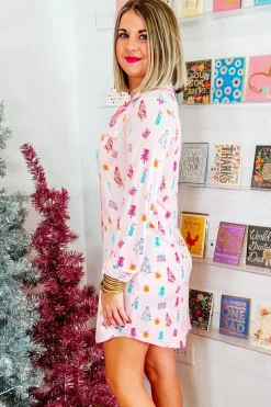 Hot Dear-Lover Christmas Twinkle Tree Print Shirt Sleep Dress Pink