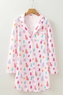 Hot Dear-Lover Christmas Twinkle Tree Print Shirt Sleep Dress Pink