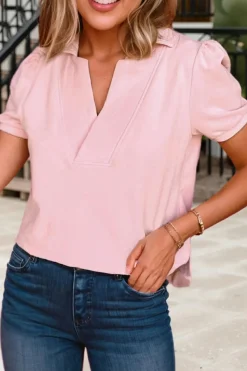 Fashion Dear-Lover Collared V Neck Puff Sleeve T-shirt Pink