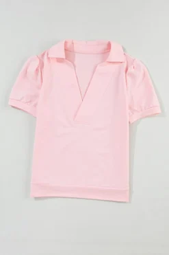 Fashion Dear-Lover Collared V Neck Puff Sleeve T-shirt Pink
