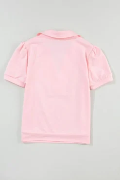 Fashion Dear-Lover Collared V Neck Puff Sleeve T-shirt Pink