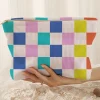 Hot Dear-Lover Color Block Checkered Zipper Corduroy Cosmetic Bag Pink