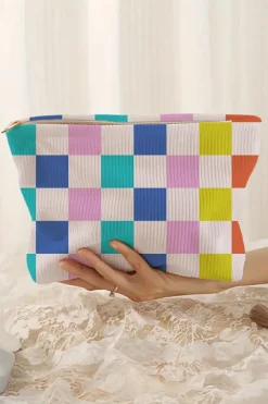 Hot Dear-Lover Color Block Checkered Zipper Corduroy Cosmetic Bag Pink