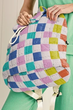Hot Dear-Lover Color Block Checkered Quilted Flap Large Backpack Pink