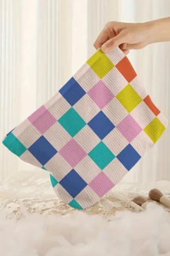 Hot Dear-Lover Color Block Checkered Zipper Corduroy Cosmetic Bag Pink