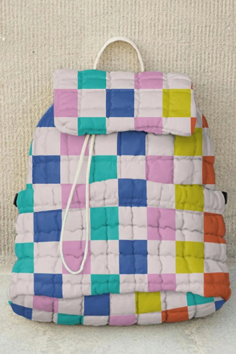 Hot Dear-Lover Color Block Checkered Quilted Flap Large Backpack Pink