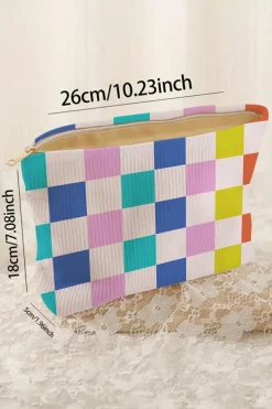 Hot Dear-Lover Color Block Checkered Zipper Corduroy Cosmetic Bag Pink