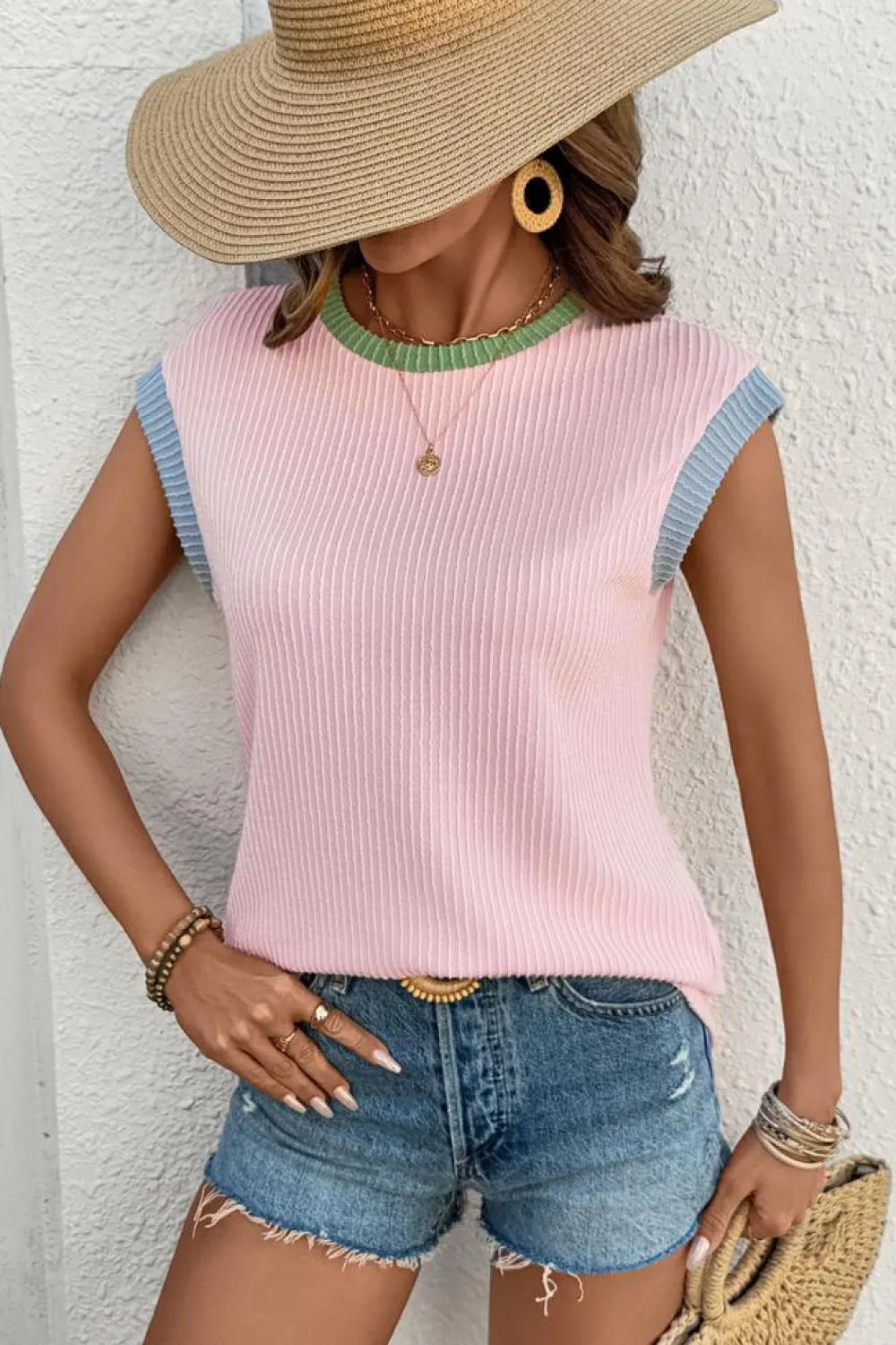 Sale Dear-Lover Color Block Corded Knit Crew Neck Tee Pink