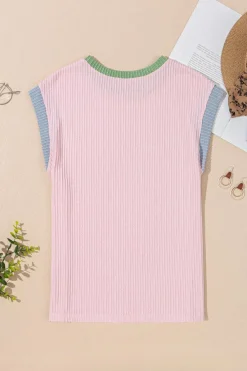 Sale Dear-Lover Color Block Corded Knit Crew Neck Tee Pink