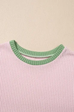 Sale Dear-Lover Color Block Corded Knit Crew Neck Tee Pink