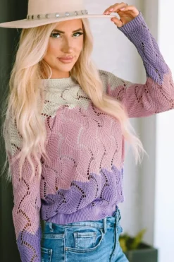 Outlet Dear-Lover Color Block Hollow Knitted Loose Sweater Pink