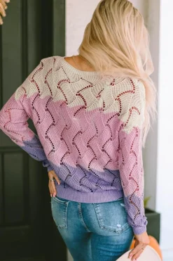 Outlet Dear-Lover Color Block Hollow Knitted Loose Sweater Pink