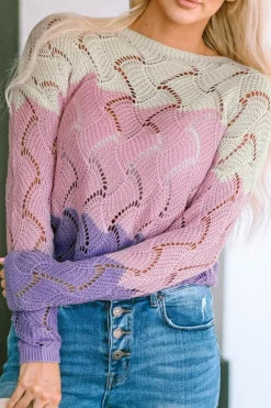 Outlet Dear-Lover Color Block Hollow Knitted Loose Sweater Pink