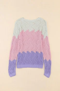 Outlet Dear-Lover Color Block Hollow Knitted Loose Sweater Pink