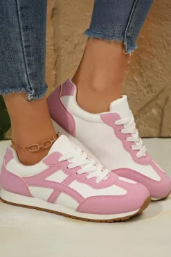 New Dear-Lover Color Block Lace-up PU Leather Sneakers Pink