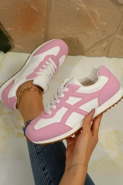 New Dear-Lover Color Block Lace-up PU Leather Sneakers Pink