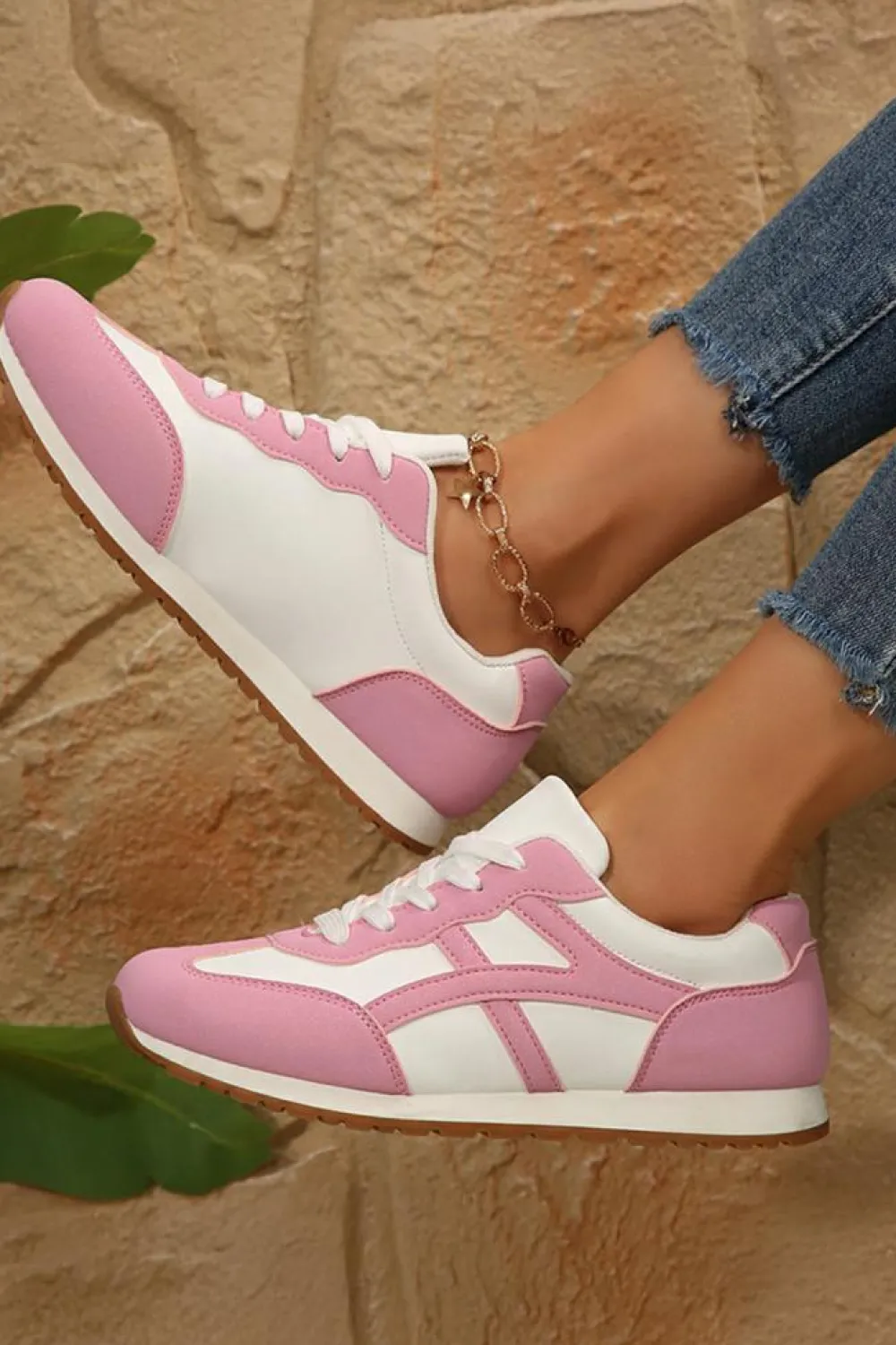 New Dear-Lover Color Block Lace-up PU Leather Sneakers Pink
