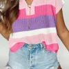 Clearance Dear-Lover Color Block Notch V Neck Sweater T Shirt Pink