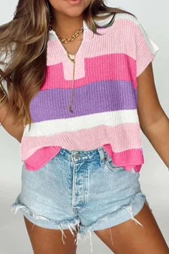 Clearance Dear-Lover Color Block Notch V Neck Sweater T Shirt Pink