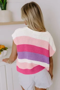 Clearance Dear-Lover Color Block Notch V Neck Sweater T Shirt Pink