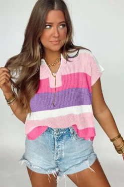 Clearance Dear-Lover Color Block Notch V Neck Sweater T Shirt Pink