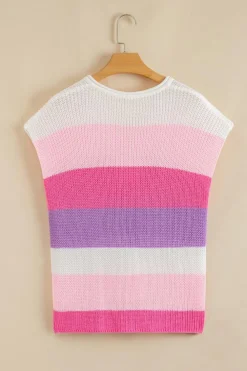 Clearance Dear-Lover Color Block Notch V Neck Sweater T Shirt Pink