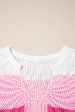 Clearance Dear-Lover Color Block Notch V Neck Sweater T Shirt Pink