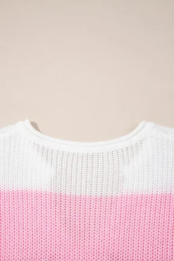 Clearance Dear-Lover Color Block Notch V Neck Sweater T Shirt Pink
