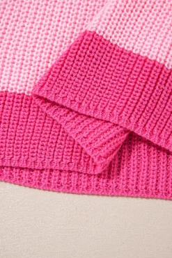Clearance Dear-Lover Color Block Notch V Neck Sweater T Shirt Pink