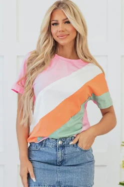Online Dear-Lover Color Block Patchwork Seamed Crewneck T Shirt Pink