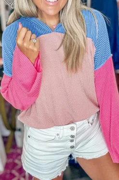 Sale Dear-Lover Color Block Patchwork Corded Knit Loose Fit Hooded Blouse Pink