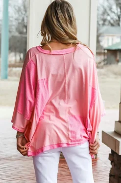 Outlet Dear-Lover Color Block Patchwork 3/4 Sleeve Loose Top Pink