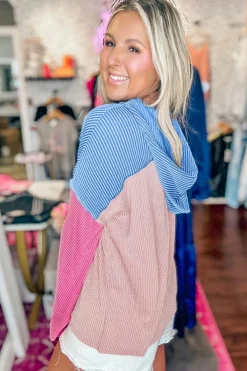 Sale Dear-Lover Color Block Patchwork Corded Knit Loose Fit Hooded Blouse Pink
