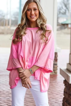 Outlet Dear-Lover Color Block Patchwork 3/4 Sleeve Loose Top Pink