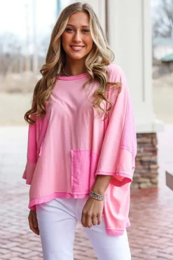 Outlet Dear-Lover Color Block Patchwork 3/4 Sleeve Loose Top Pink