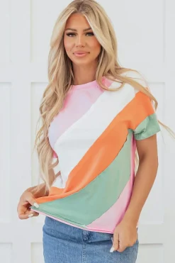 Online Dear-Lover Color Block Patchwork Seamed Crewneck T Shirt Pink