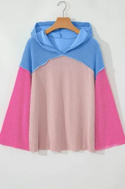 Sale Dear-Lover Color Block Patchwork Corded Knit Loose Fit Hooded Blouse Pink