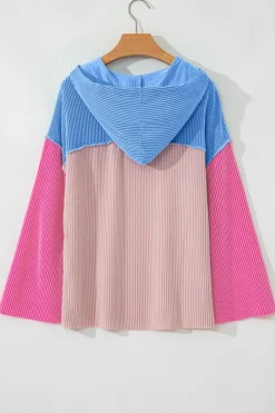 Sale Dear-Lover Color Block Patchwork Corded Knit Loose Fit Hooded Blouse Pink