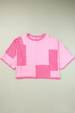 Outlet Dear-Lover Color Block Patchwork 3/4 Sleeve Loose Top Pink
